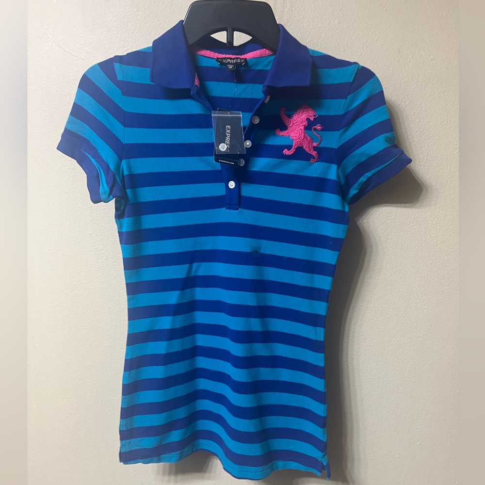 Express Logo Polo Blue Striped XS NWT